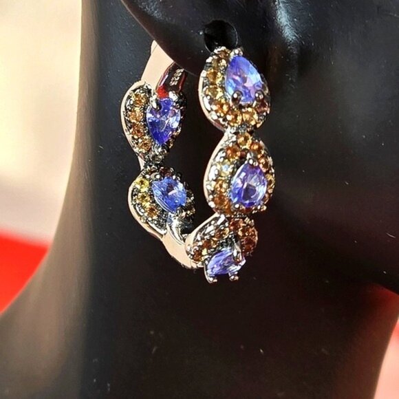 925 Sterling Silver Hoop Earrings with Natural Tanzanite & Sapphire Gems - Picture 6 of 7